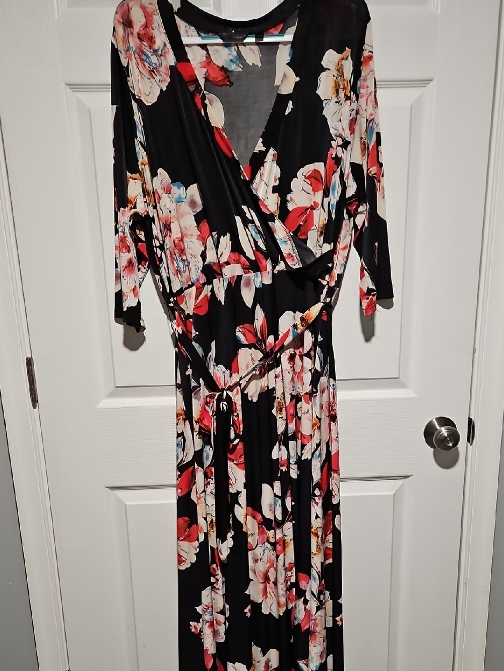Black Floral Wrap Maxi Dress with Red & Cream Blooms